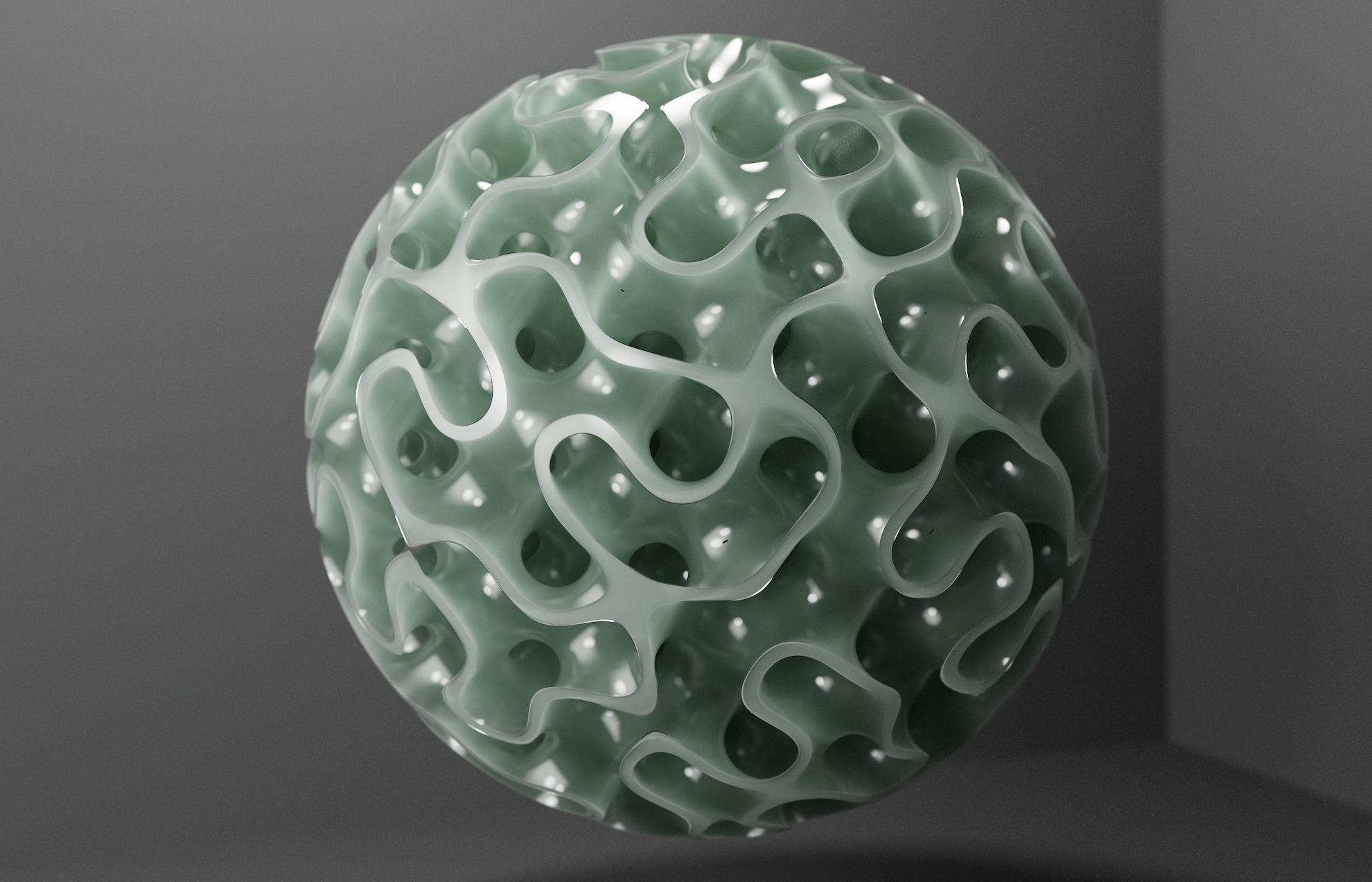 The gyroid is approximated by the implicit surface \sin(x)\cos(y)+\sin(y)\cos(z)+\sin(z)\cos(x)=0.